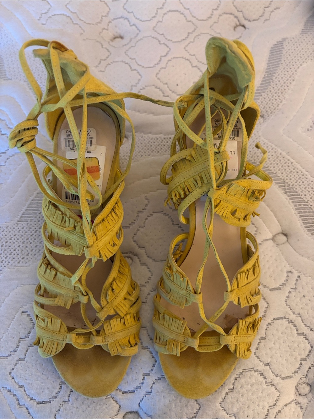 Nine West Yellow Fringe Lace-Up Heeled Sandals